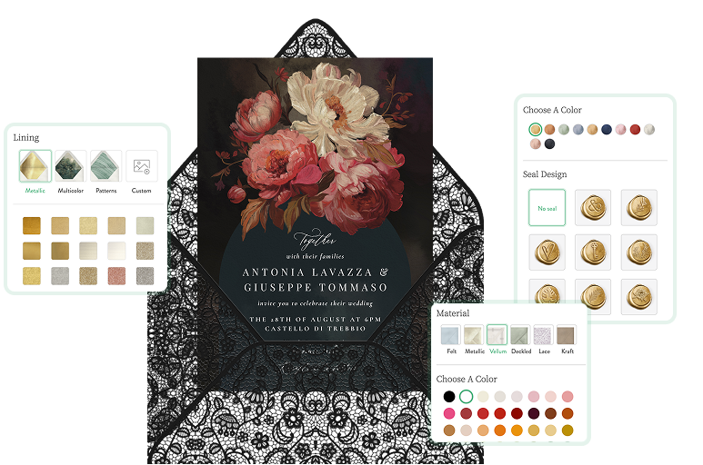 Digital envelope and invitation preview with customization panels for lining, materials, and wax seals