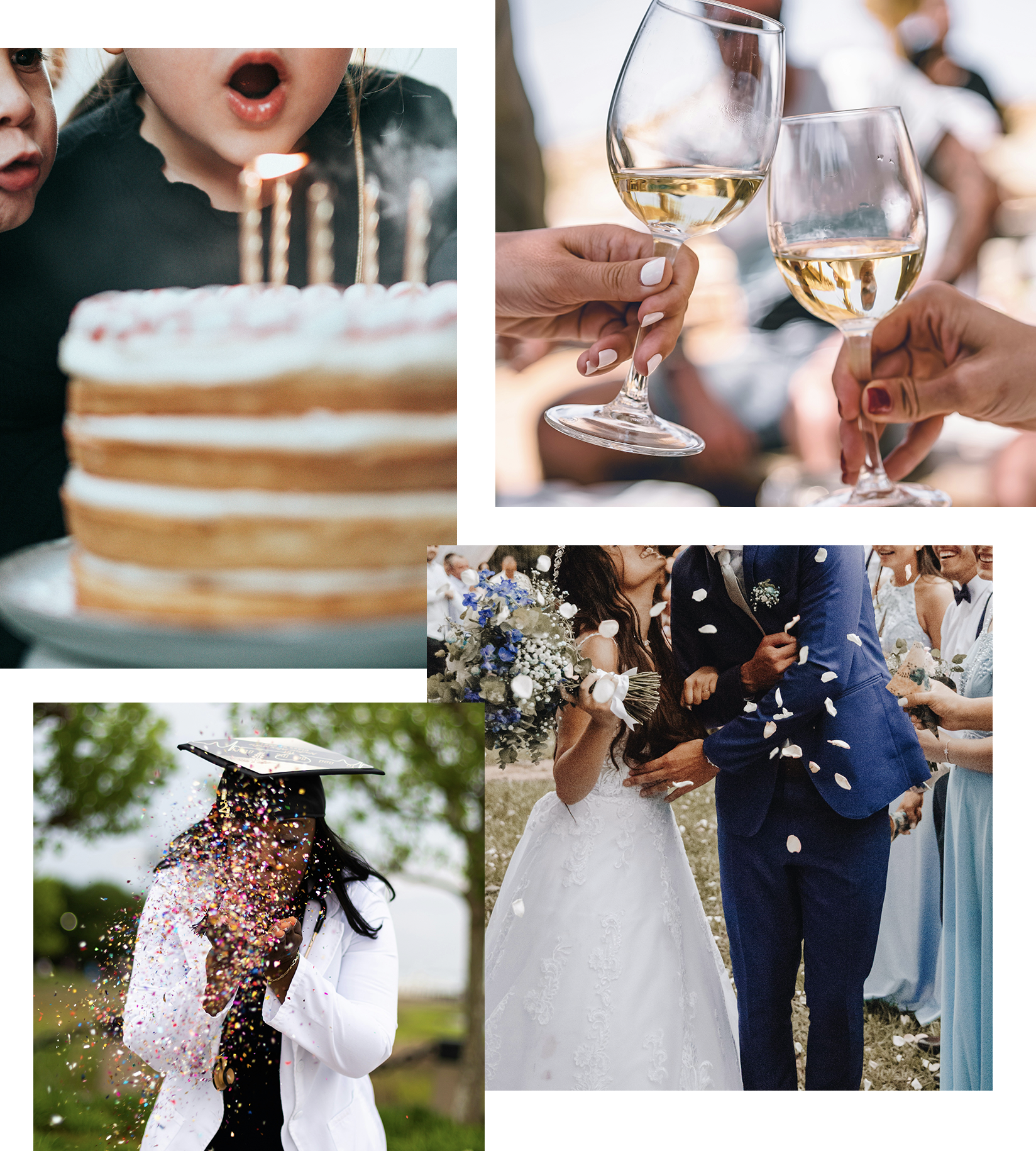 Collage of wedding, birthday, baby shower, and holiday event invitations